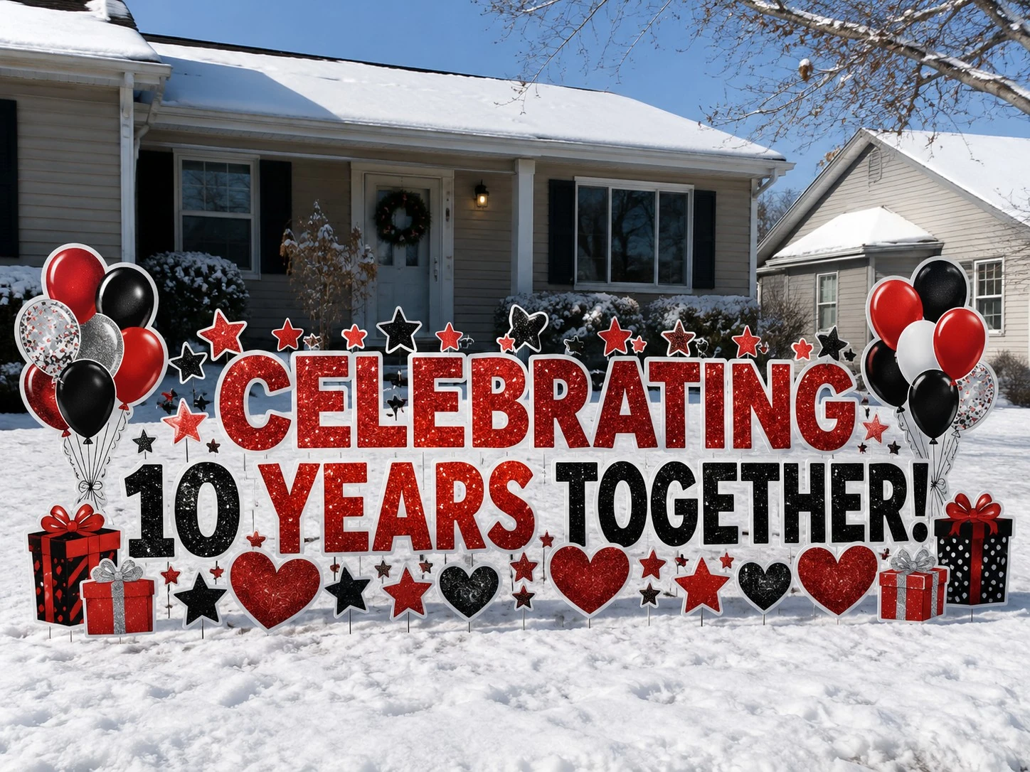 Celebrating 10 Years Together anniversary yard sign sample setup