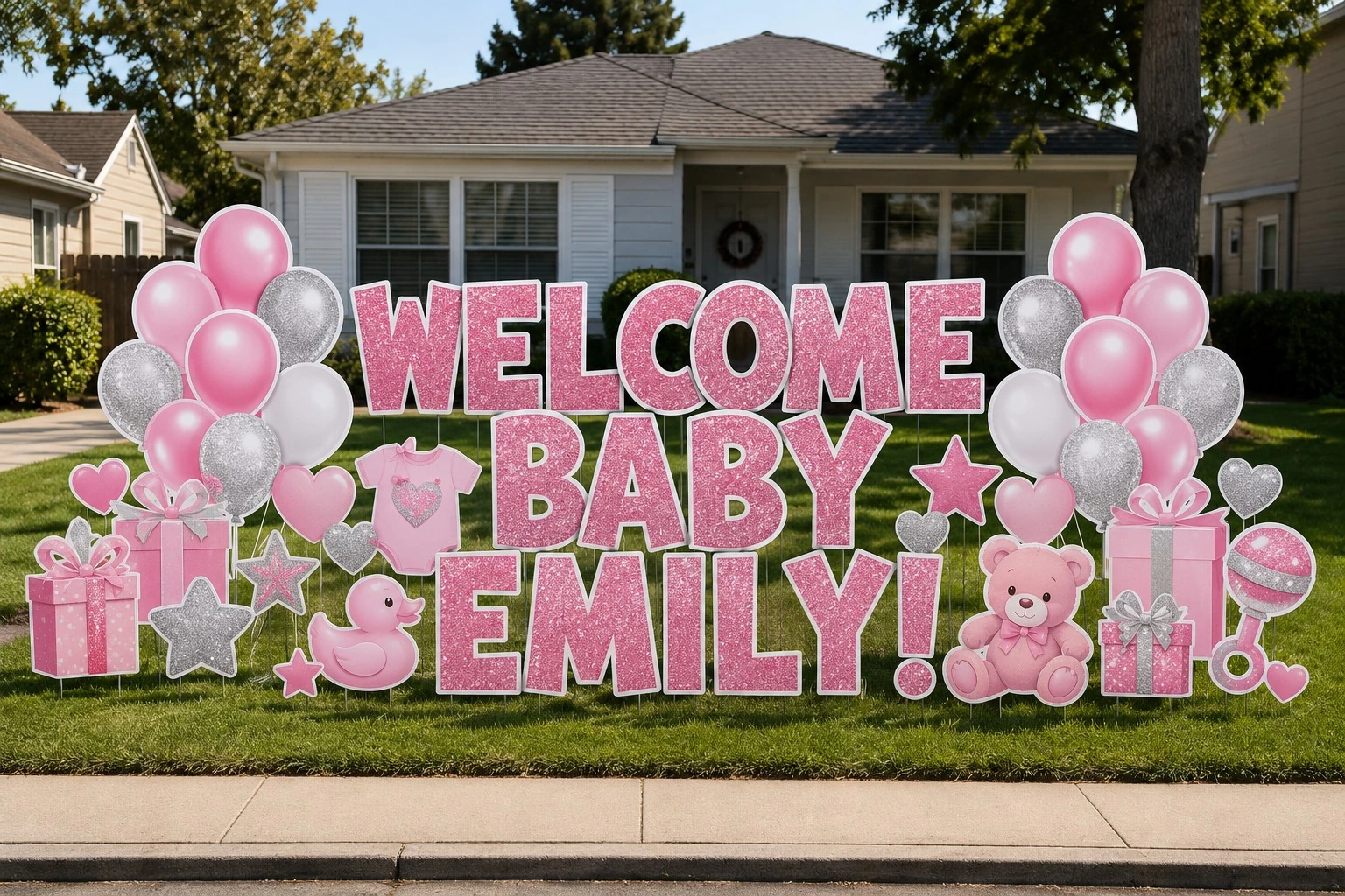 Welcome Baby Emily baby yard sign sample setup