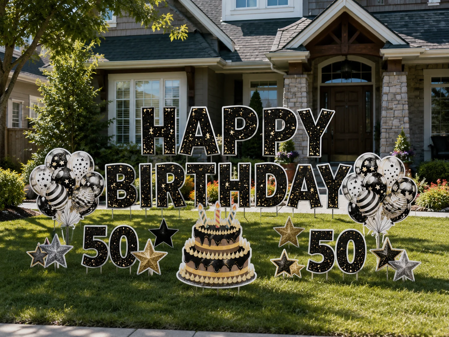 Black & Gold 50th Birthday birthday yard sign sample setup