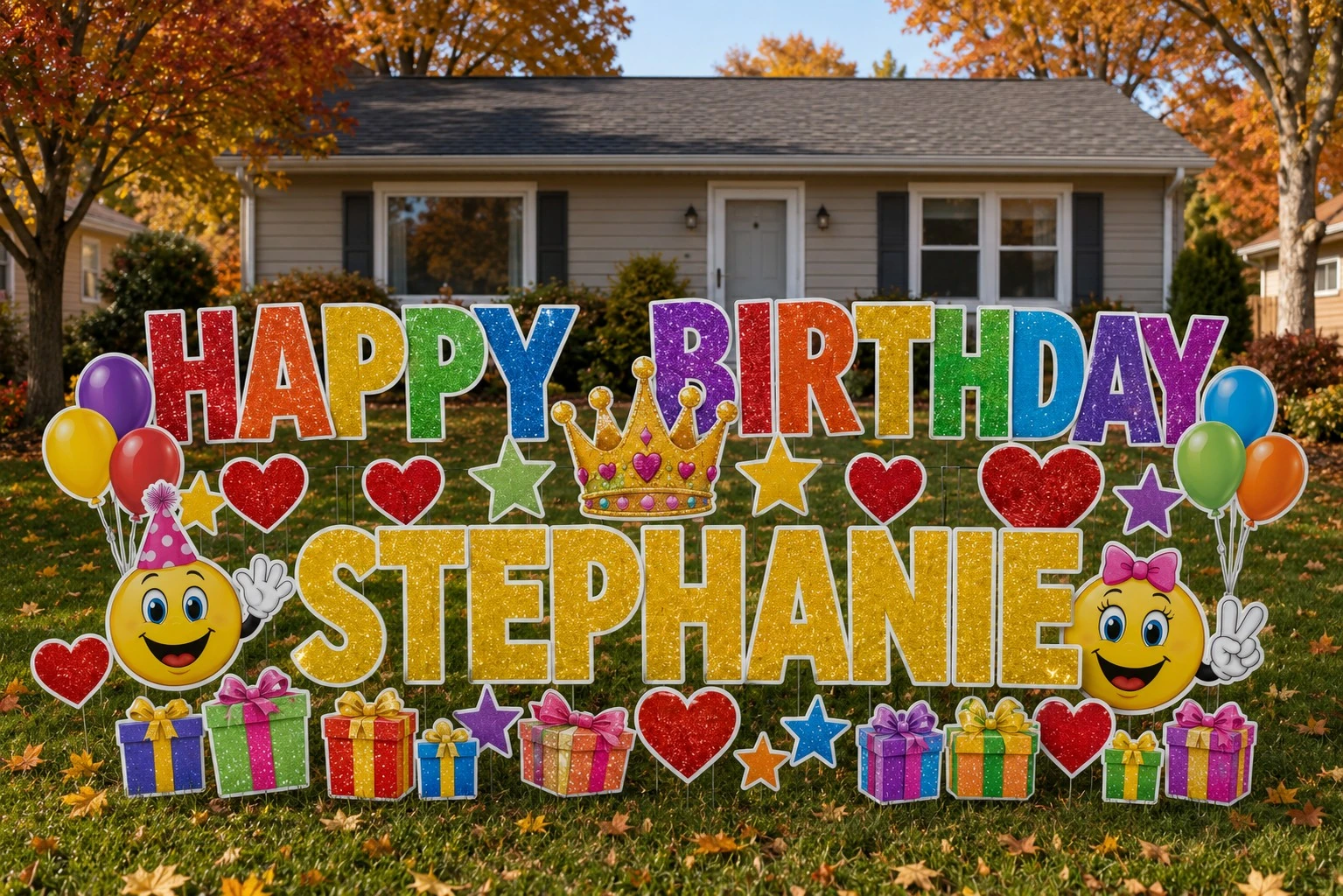 Happy Birthday Stephanie birthday yard sign sample setup