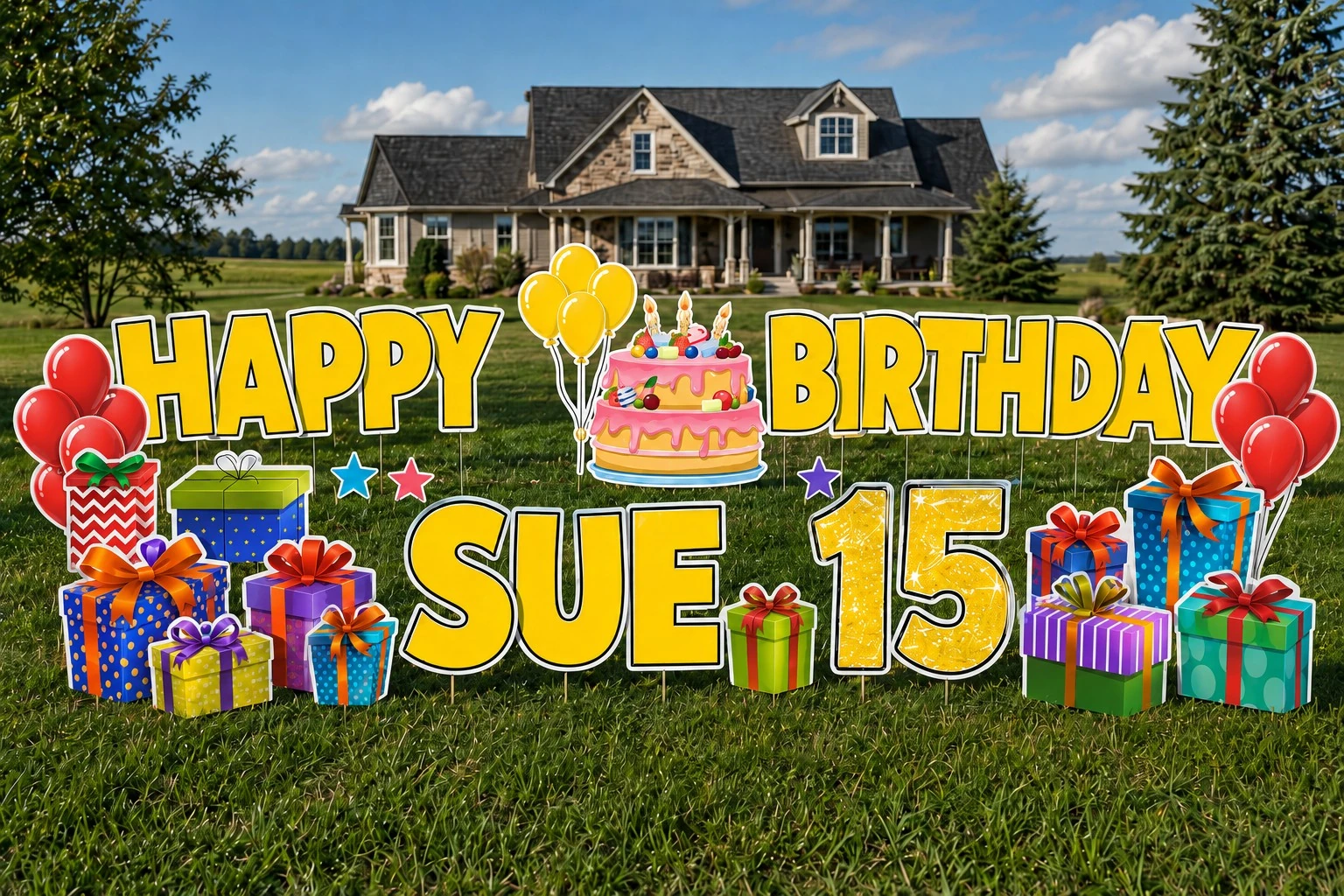Happy Birthday Sue 15 birthday yard sign sample setup