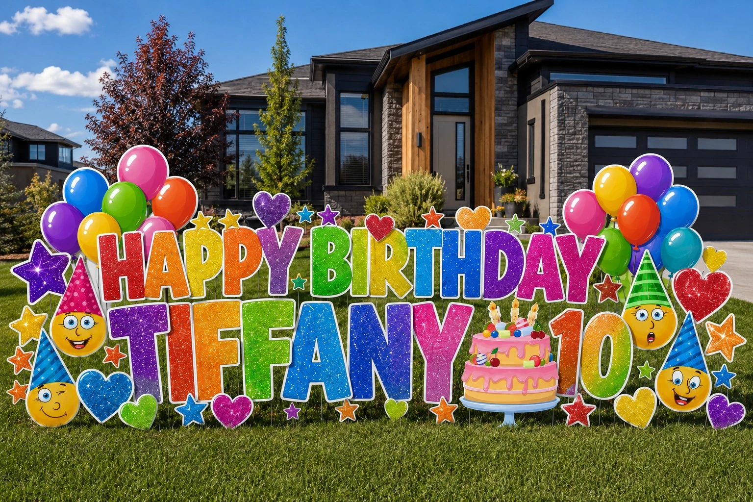 Happy Birthday Tiffany 10 birthday yard sign sample setup