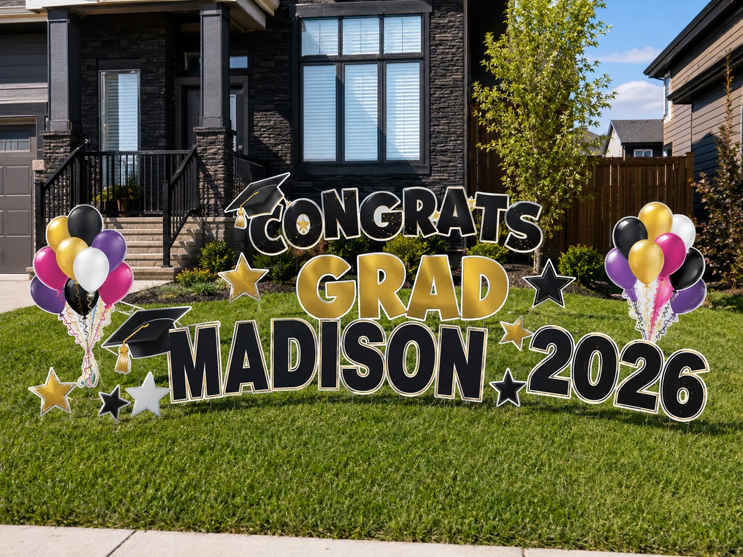 Congrats Grad Madison 2026 graduation yard sign sample setup